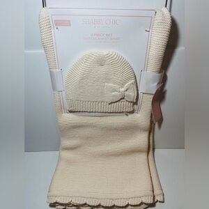 Shabby Chic 2 Piece Cream Baby Blanket 30" x 40" and Hat with Bow Set 0-6 Months